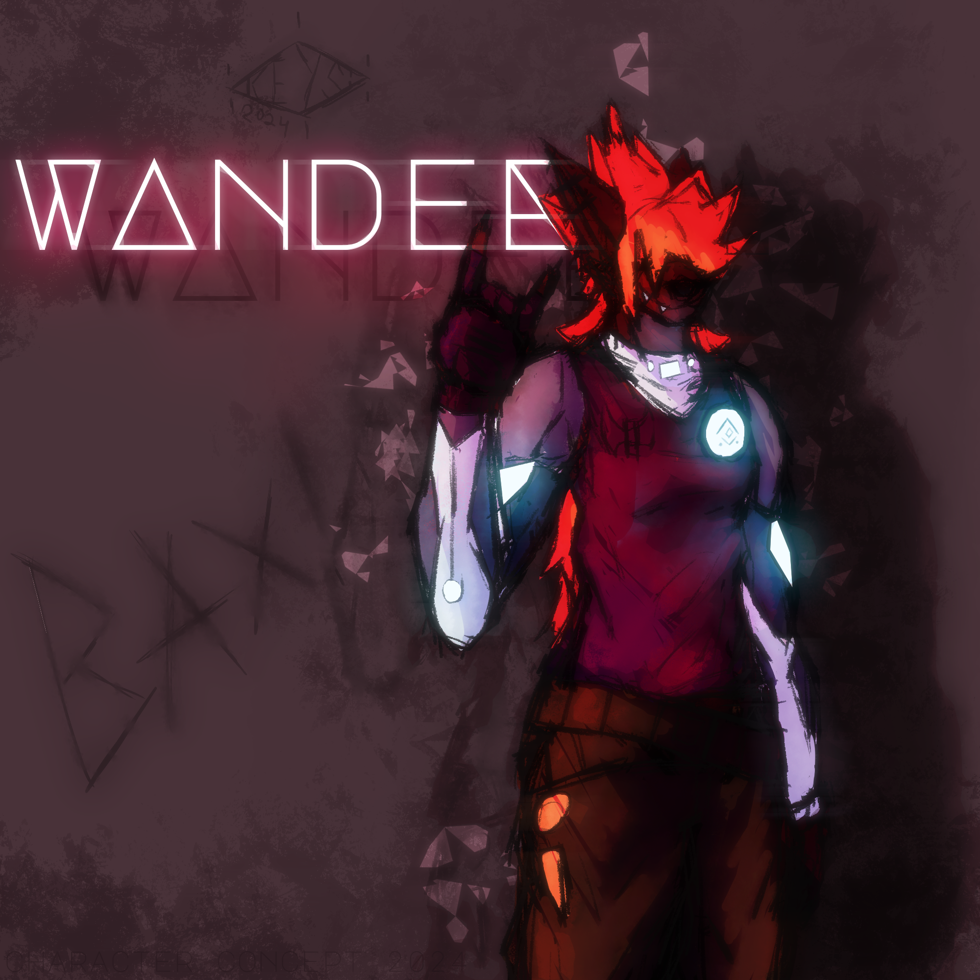 a red haired anthropamorphic character infront of a concrete background